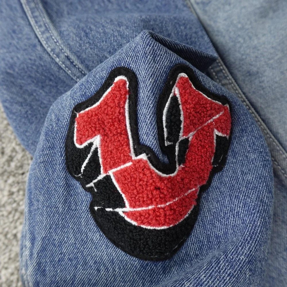 NEW True Religion Jacket Mens L Blue Denim Jean Trucker Coat Varsity Patch Y2K‎